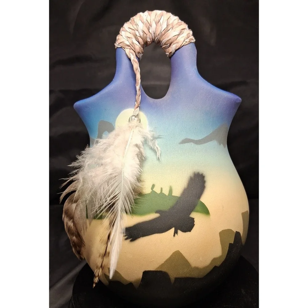 Southwestern Eagle Wedding Vase Ceramic Hand Painted Feather Accent Pottery 7.5
